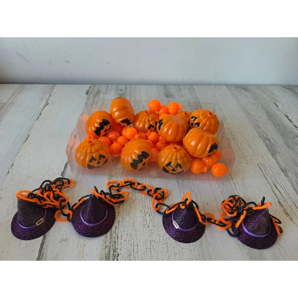 Vintage plastic string light blow mold pumpkin Halloween jack o'lantern witch ha